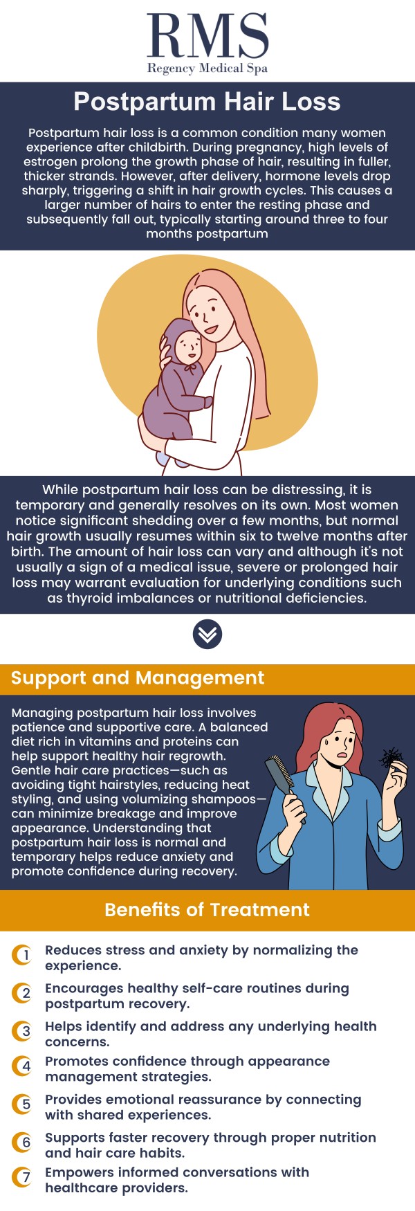 Common questions asked by clients: When does postpartum hair loss typically start? How long does postpartum hair loss last? Is postpartum hair loss normal? What causes postpartum hair loss? How much hair loss is normal after pregnancy?
Postpartum hair loss is a common condition that many women experience due to hormonal changes after childbirth. At Regency Medical Spa and Hair Restoration Clinic, our team of specialists offers personalized solutions to help restore your hair and confidence. For more information, contact us today or book an appointment online. We are conveniently located at 300 Fox Glen Court Barrington, IL 60010. We serve clients from Barrington IL, Lake Barrington IL, Lake Zurich IL, Inverness IL, Carpentersville IL, and BEYOND!
