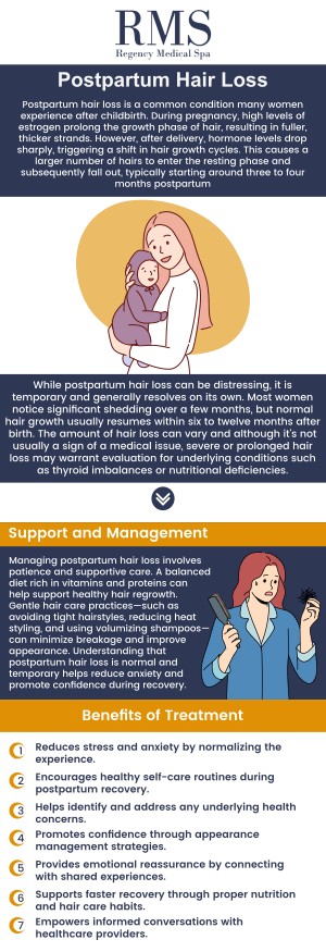 Common questions asked by clients: When does postpartum hair loss typically start? How long does postpartum hair loss last? Is postpartum hair loss normal? What causes postpartum hair loss? How much hair loss is normal after pregnancy?
Postpartum hair loss is a common condition that many women experience due to hormonal changes after childbirth. At Regency Medical Spa and Hair Restoration Clinic, our team of specialists offers personalized solutions to help restore your hair and confidence. For more information, contact us today or book an appointment online. We are conveniently located at 300 Fox Glen Court Barrington, IL 60010. We serve clients from Barrington IL, Lake Barrington IL, Lake Zurich IL, Inverness IL, Carpentersville IL, and BEYOND!