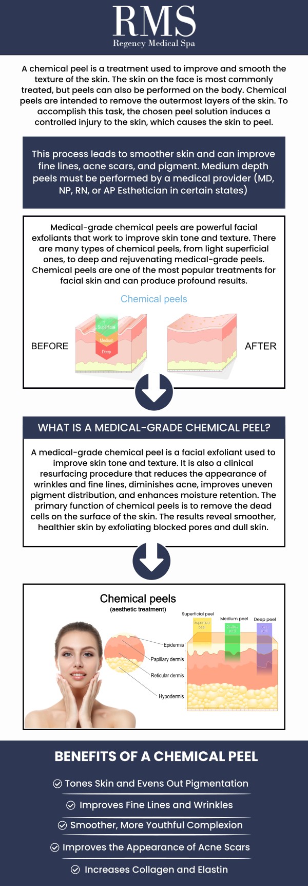 At Regency Medical Spa and Hair Restoration Clinic, our experienced team provides advanced chemical peel treatments to address a variety of skin concerns. Whether you're looking to improve skin texture, reduce hyperpigmentation, or refresh your complexion, our personalized treatments are tailored to meet your unique needs. We help restore your skin’s natural radiance and health, leaving you with smoother, more youthful-looking skin. For more information, contact us today or book an appointment online. We are conveniently located at 300 Fox Glen Court Barrington, IL 60010. At Regency Medical Spa and Hair Restoration Clinic, our experienced team provides advanced chemical peel treatments to address a variety of skin concerns. Whether you're looking to improve skin texture, reduce hyperpigmentation, or refresh your complexion, our personalized treatments are tailored to meet your unique needs. We help restore your skin’s natural radiance and health, leaving you with smoother, more youthful-looking skin. For more information, contact us today or book an appointment online. We are conveniently located at 300 Fox Glen Court Barrington, IL 60010.