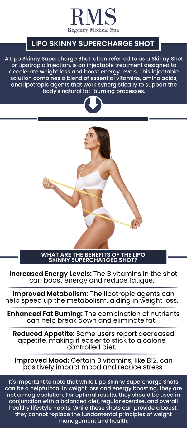 The Skinny Shot is a powerful weight loss treatment designed to enhance fat metabolism and boost energy. This non-invasive injection contains a blend of B vitamins, amino acids, and lipotropic agents that support your body's ability to burn fat more efficiently. Ideal for those looking to kickstart their weight loss journey, the Skinny Shot helps improve overall body composition. Our team at Regency Medical Spa in Barrington, IL, is here to help you experience the transformative benefits of this treatment. For more information, contact us today or book an appointment online. We are conveniently located at 300 Fox Glen Court Barrington, IL 60010.