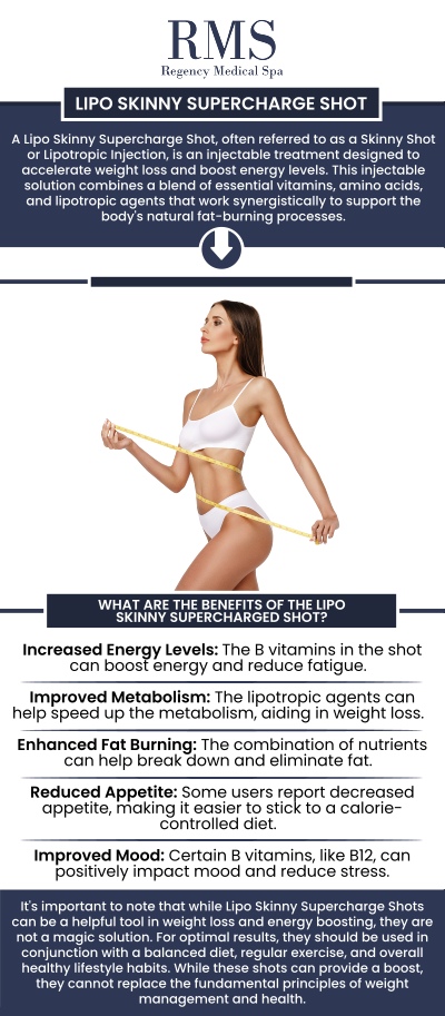 The Skinny Shot is a powerful weight loss treatment designed to enhance fat metabolism and boost energy. This non-invasive injection contains a blend of B vitamins, amino acids, and lipotropic agents that support your body's ability to burn fat more efficiently. Ideal for those looking to kickstart their weight loss journey, the Skinny Shot helps improve overall body composition. Our team at Regency Medical Spa in Barrington, IL, is here to help you experience the transformative benefits of this treatment. For more information, contact us today or book an appointment online. We are conveniently located at 300 Fox Glen Court Barrington, IL 60010.
