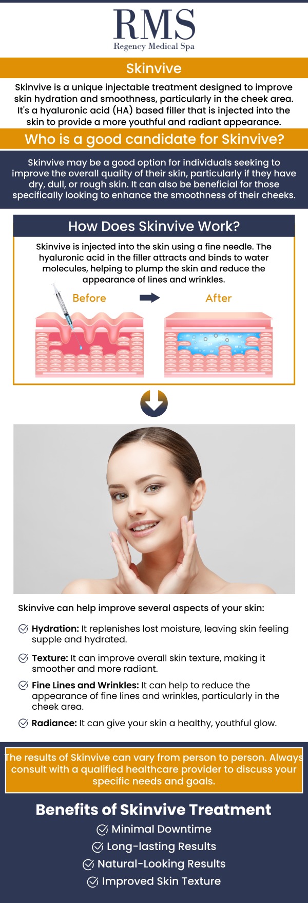 SkinVive is a cutting-edge skin rejuvenation treatment designed to improve skin texture, reduce fine lines, and enhance radiance. At Regency Medical Spa in Barrington, IL, our team of experienced injectors provides personalized care to help you achieve smooth, glowing skin. This non-invasive treatment is perfect for those looking to restore youthful vitality with minimal downtime. Trust our experts to deliver exceptional results for smoother, more vibrant skin! For more information, contact us today or book an appointment online. We are conveniently located at 300 Fox Glen Court Barrington, IL 60010. SkinVive is a cutting-edge skin rejuvenation treatment designed to improve skin texture, reduce fine lines, and enhance radiance. At Regency Medical Spa in Barrington, IL, our team of experienced injectors provides personalized care to help you achieve smooth, glowing skin. This non-invasive treatment is perfect for those looking to restore youthful vitality with minimal downtime. Trust our experts to deliver exceptional results for smoother, more vibrant skin! For more information, contact us today or book an appointment online. We are conveniently located at 300 Fox Glen Court Barrington, IL 60010.