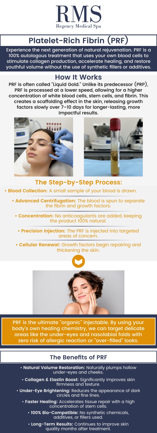 Common questions asked by clients: What is PRF? How does PRF work? What are the benefits of PRF/PRFM? How long does a PRF/PRFM treatment session take?
PRF (Platelet-Rich Fibrin) and PRFM (Platelet-Rich Fibrin Matrix) use your body’s own platelets to support natural hair restoration. These treatments are designed to stimulate dormant hair follicles, improve scalp health, and promote thicker, healthier hair growth over time. At Regency Medical Spa and Hair Restoration Clinic, our team provides personalized PRF/PRFM hair restoration treatments tailored to your pattern of hair thinning or hair loss, helping support stronger hair growth using a natural, non-surgical approach. For more information, contact us today or book an appointment online. We are conveniently located at 300 Fox Glen Court Barrington, IL 60010. We serve clients from Barrington IL, Deer Park IL, Inverness, Kildeer IL, Long Grove IL, Barrington Hills IL, Lake Zurich IL, North Barrington IL, Port Barrington IL, South Barrington IL, Tower Lakes IL and BEYOND!