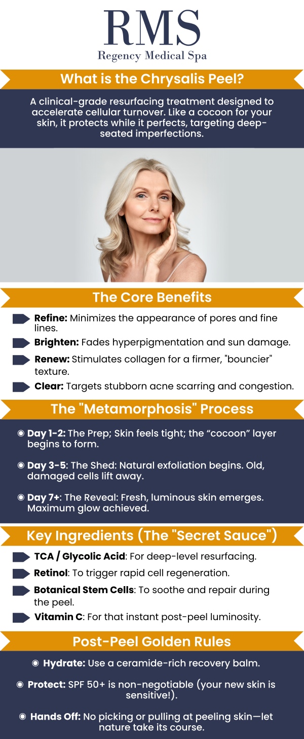 The Chrysalis Peel at Regency Medical Spa represents the most significant innovation in the peel space in decades, redefining both the experience and expectation of chemical peels. As a true medium-depth treatment, it delivers profound skin rejuvenation and a remarkably fresh appearance without the burden of social downtime. By combining a novel, curated acid blend with the simultaneous administration of balancers and recovery support, it repairs skin at a cellular level while protecting its integrity. This sophisticated approach effectively transforms the dermis, offering clinical-grade results for those who demand high-impact renewal without the traditional recovery period. For more information, contact us today or book an appointment online. We are conveniently located at 300 Fox Glen Court Barrington, IL 60010.
