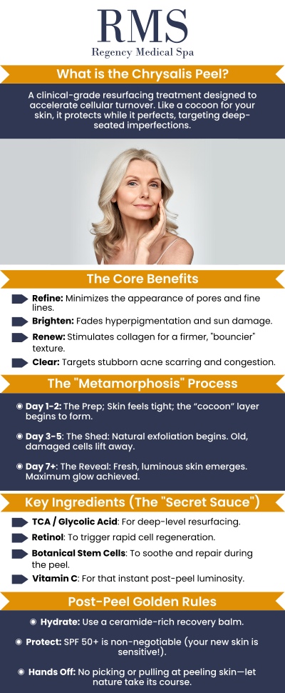 The Chrysalis Peel at Regency Medical Spa represents the most significant innovation in the peel space in decades, redefining both the experience and expectation of chemical peels. As a true medium-depth treatment, it delivers profound skin rejuvenation and a remarkably fresh appearance without the burden of social downtime. By combining a novel, curated acid blend with the simultaneous administration of balancers and recovery support, it repairs skin at a cellular level while protecting its integrity. This sophisticated approach effectively transforms the dermis, offering clinical-grade results for those who demand high-impact renewal without the traditional recovery period. For more information, contact us today or book an appointment online. We are conveniently located at 300 Fox Glen Court Barrington, IL 60010.